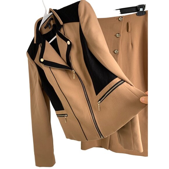 Womens Skirt Suit WHBM Color Block Asym Zip Detail Midi Length Tan Sz 4 7047 - Picture 6 of 11